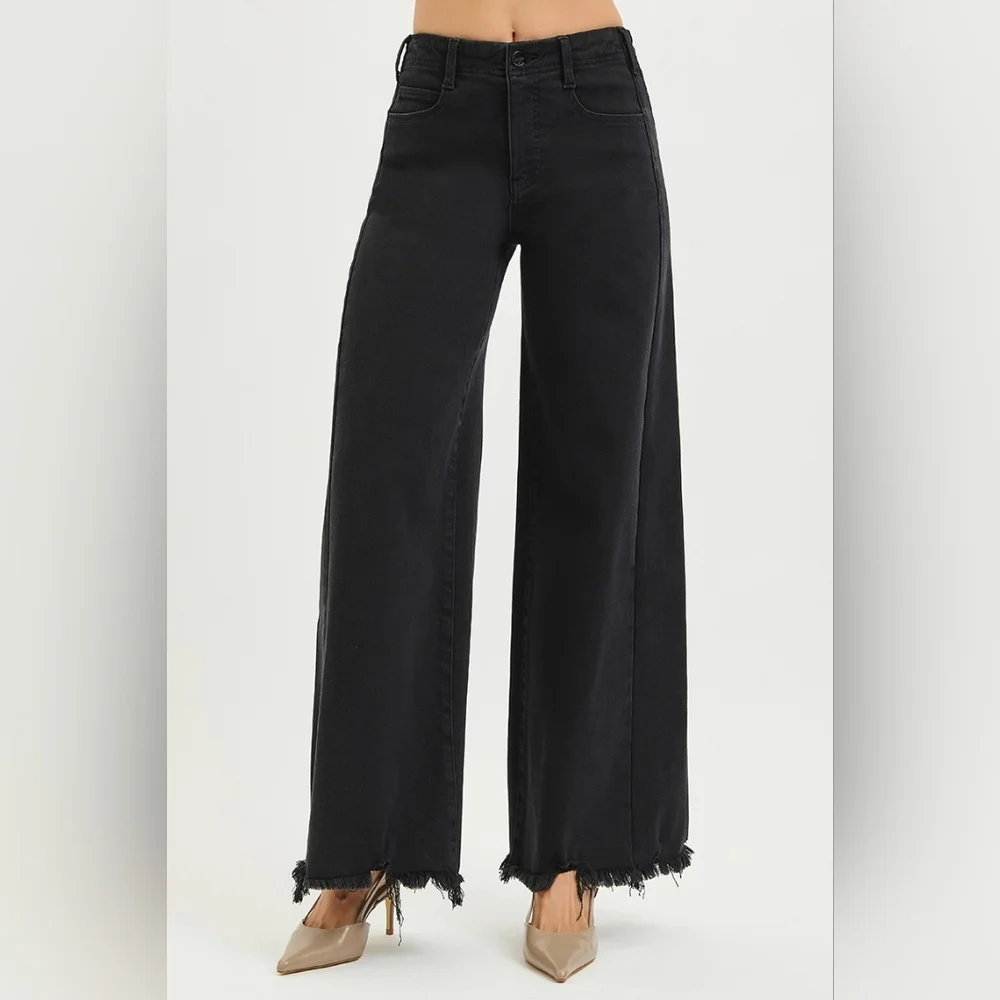 RISEN HR Tummy Control Black Palazzo Jeans Wide Leg Distressed Hems Various NEW - Picture 5 of 12